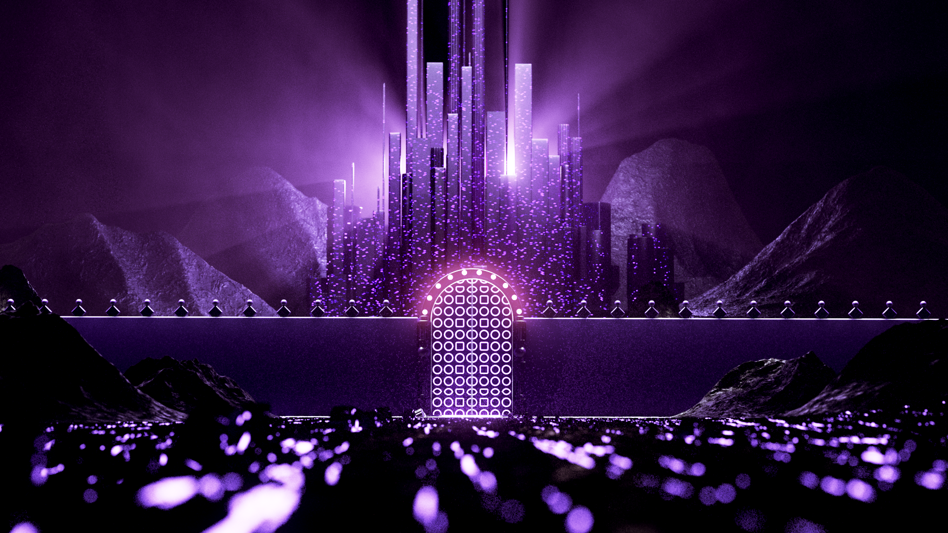 Futuristic glowing purple cityscape with tall crystal-like towers behind a large illuminated gate and dark mountains in the background.