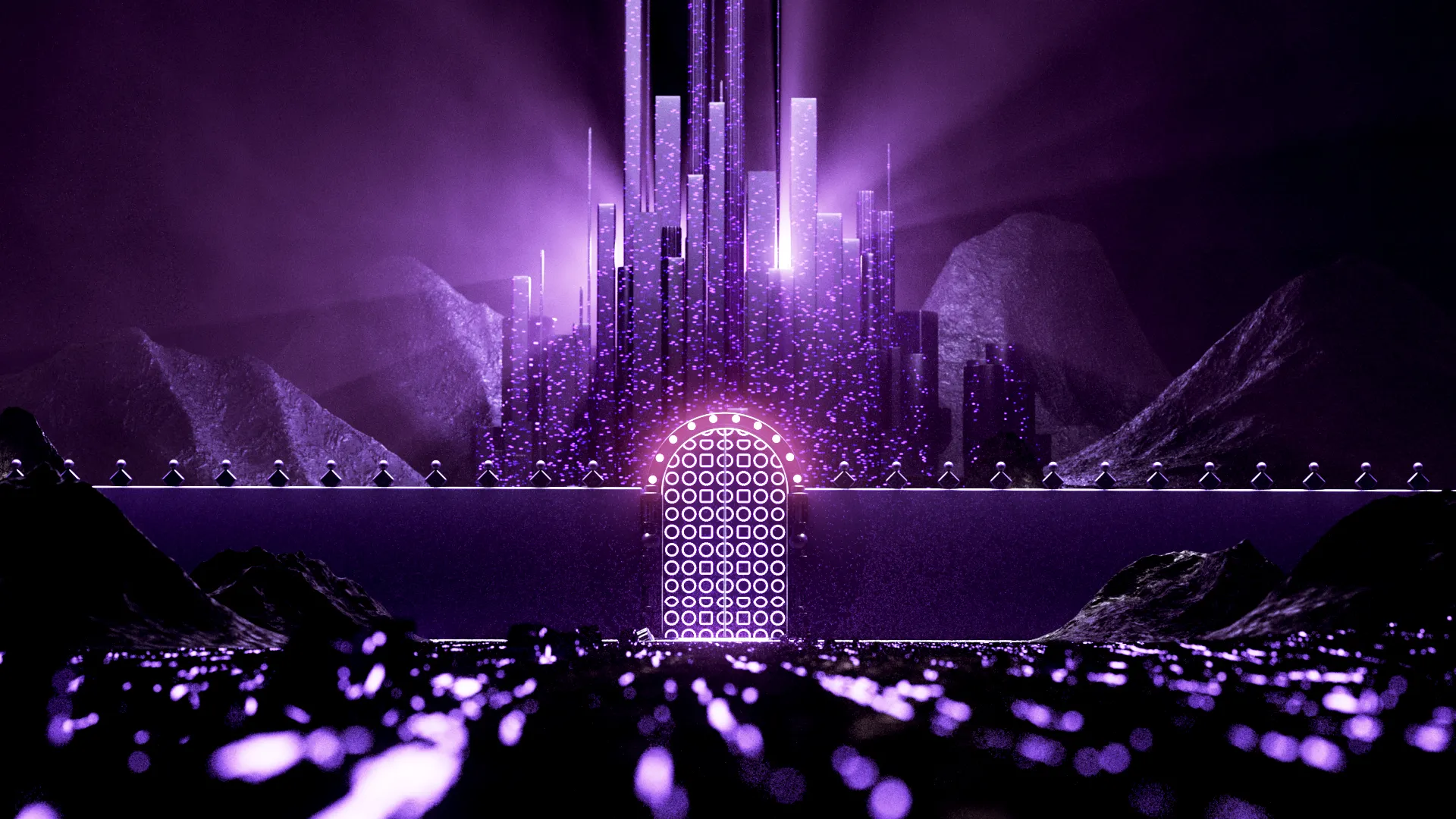 Futuristic glowing purple cityscape with tall crystal-like towers behind a large illuminated gate and dark mountains in the background.