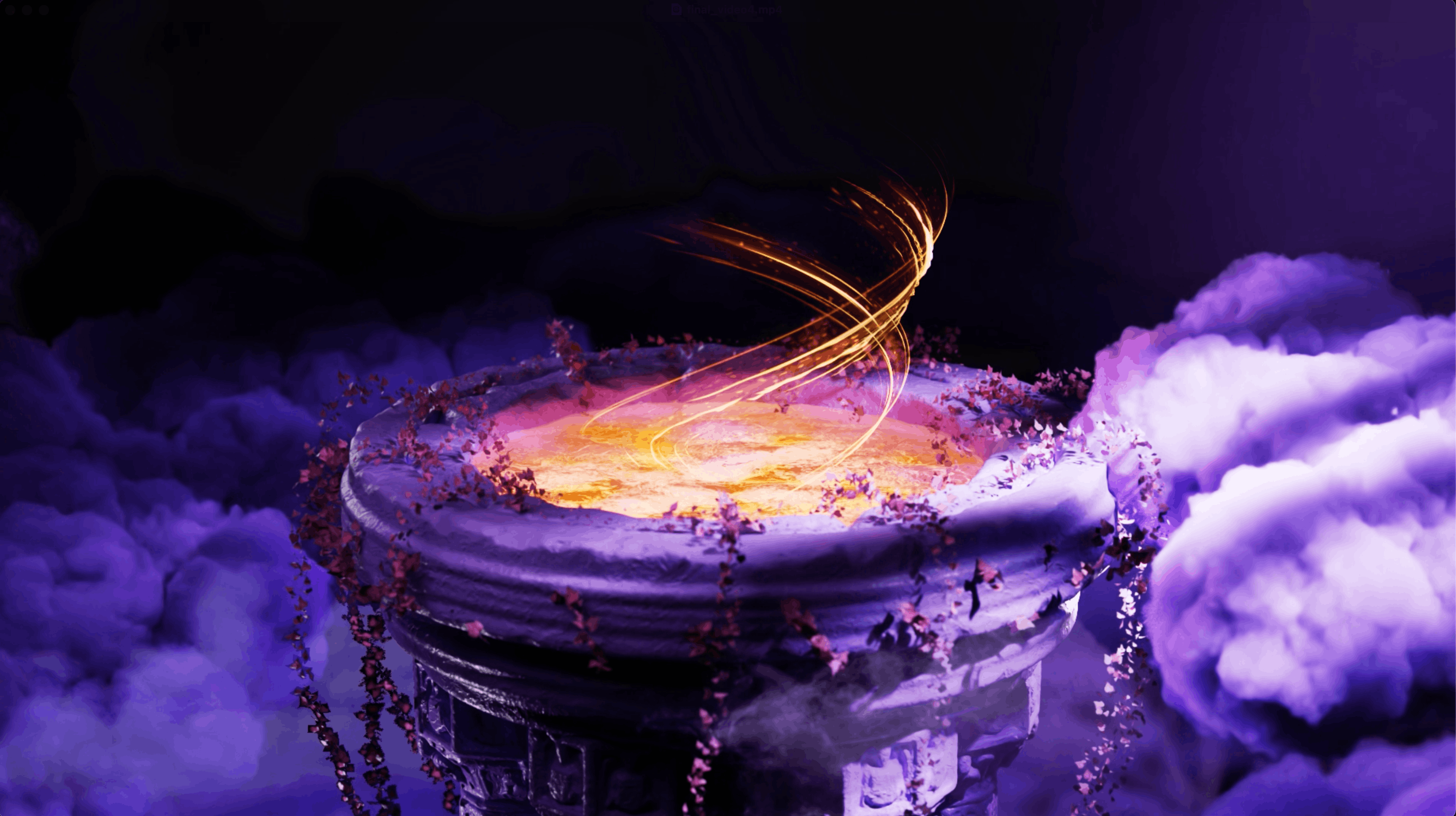 Ancient stone pedestal with glowing golden light and swirling sparks surrounded by purple mist and vines.