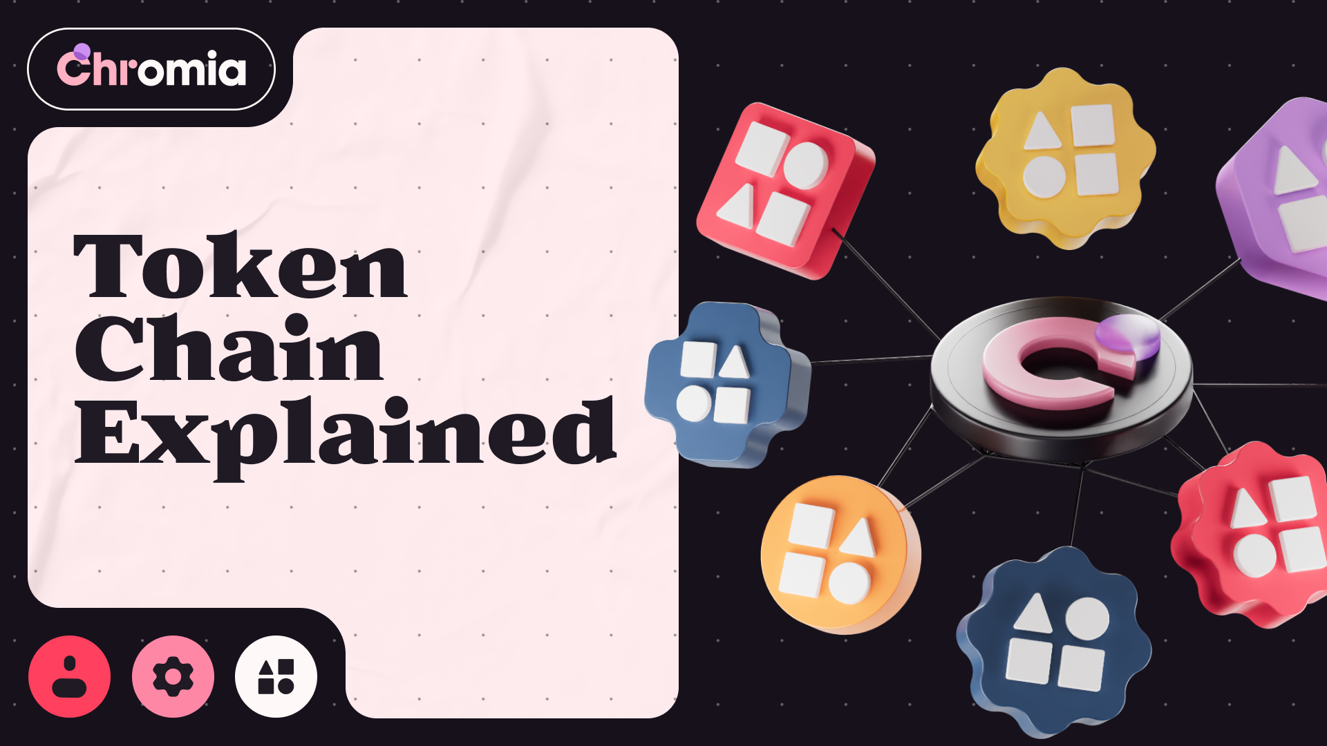 Graphic with text 'Token Chain Explained' next to a central black disc with a pink 'C' connected to colorful shapes symbolizing tokens.