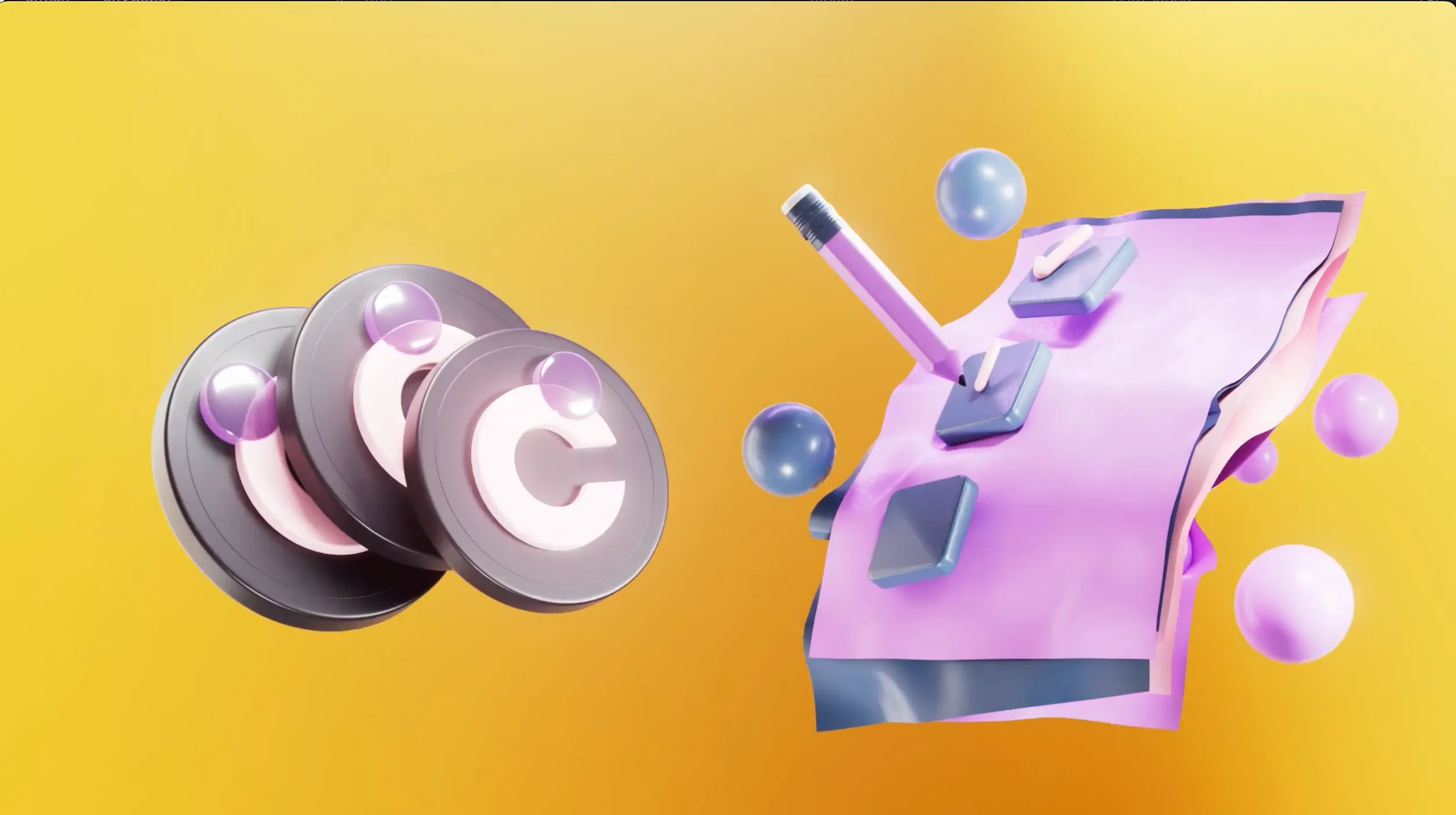 3D illustration of three circular copyright symbols on the left and a purple checklist with a pencil on the right, floating on a yellow background.