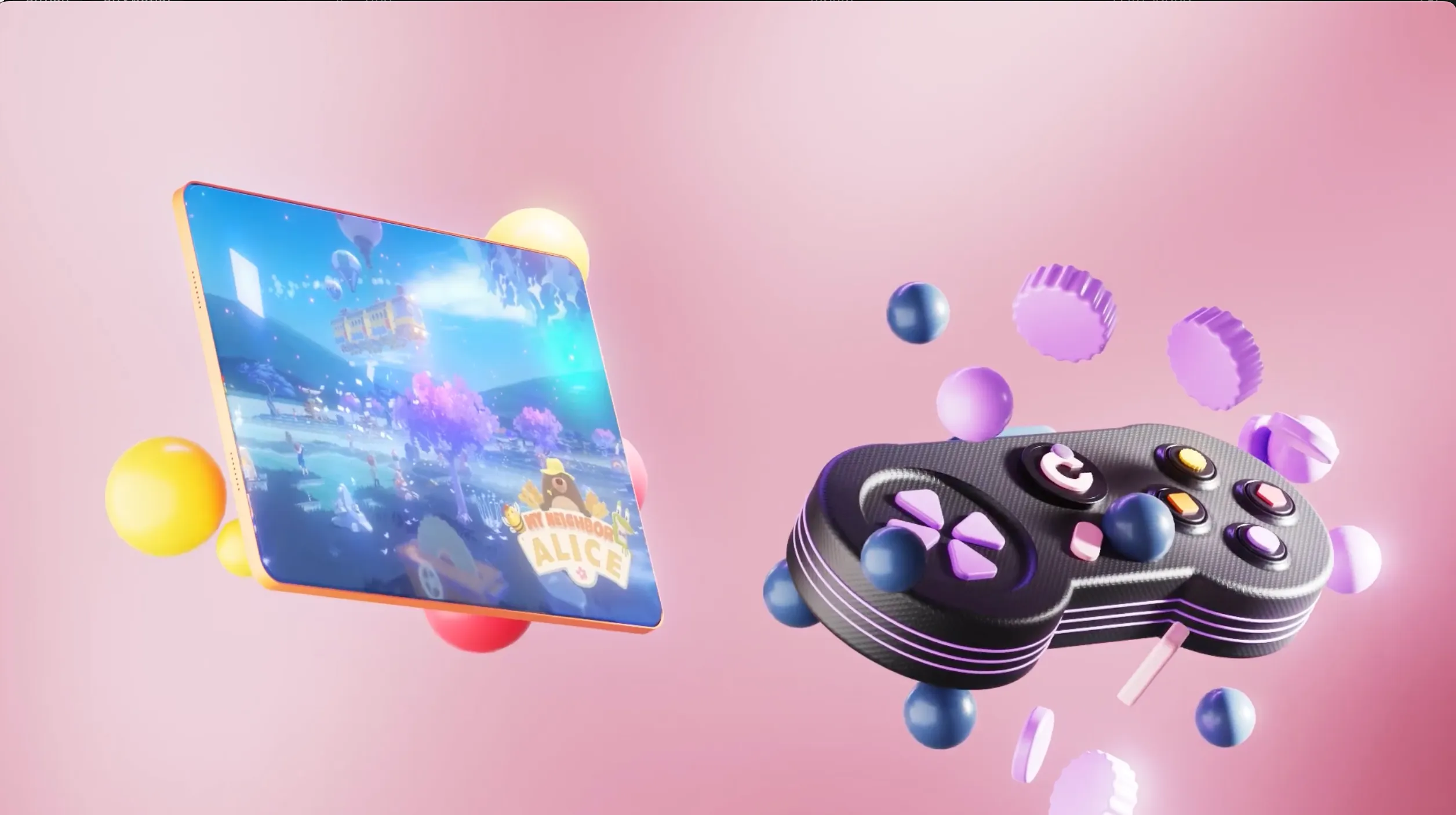 A digital tablet displaying a colorful game scene titled 'My Neighbor Alice' floating next to a black game controller with purple buttons, surrounded by floating multicolored spheres, all set against a pink background.