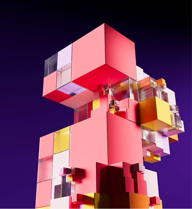 Abstract 3D sculpture made of interlocking red, yellow, white, and transparent cubes against a dark purple background.