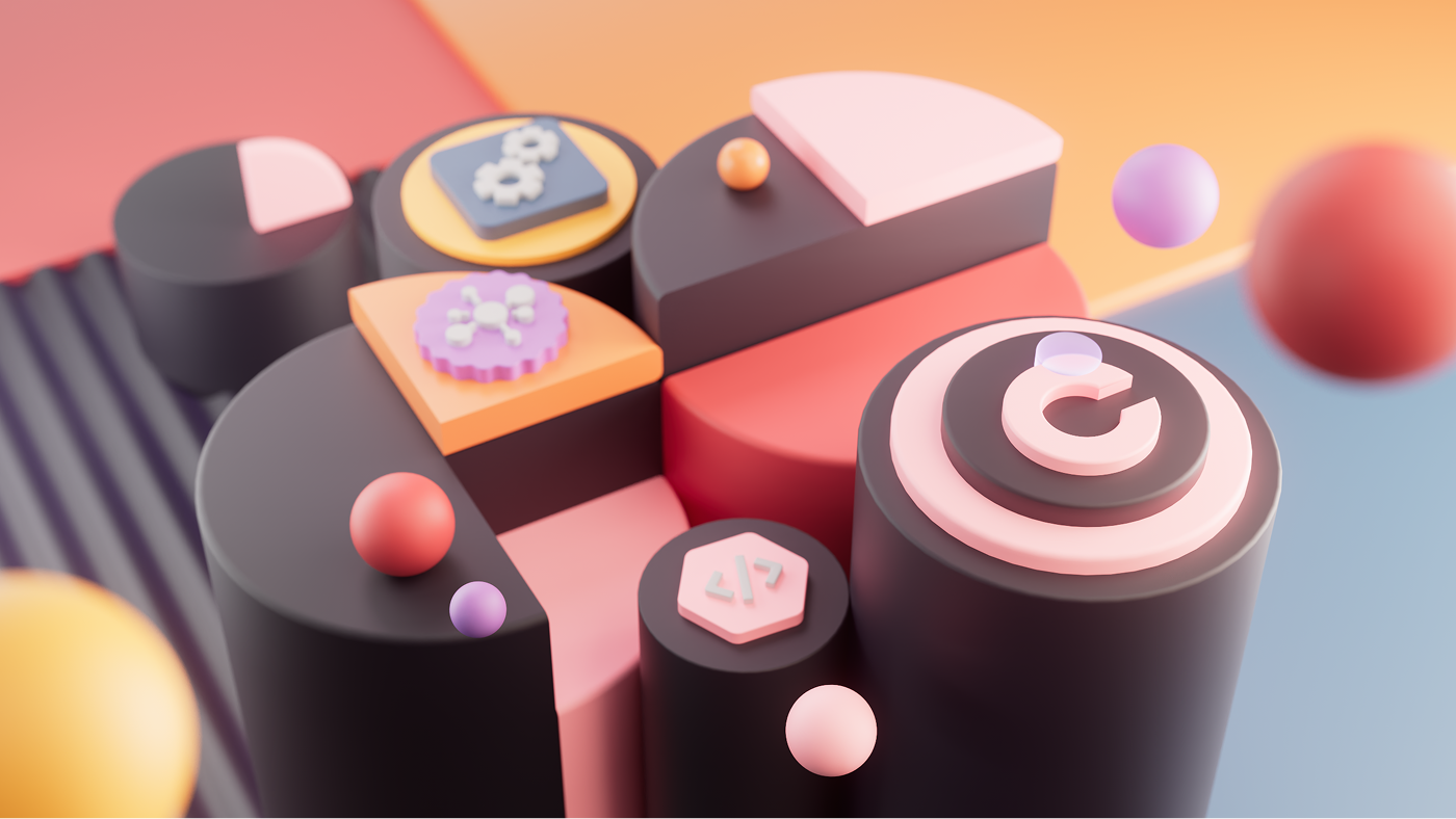 3D chart with black and pink pie slices and coding and gear icons on a gradient background.