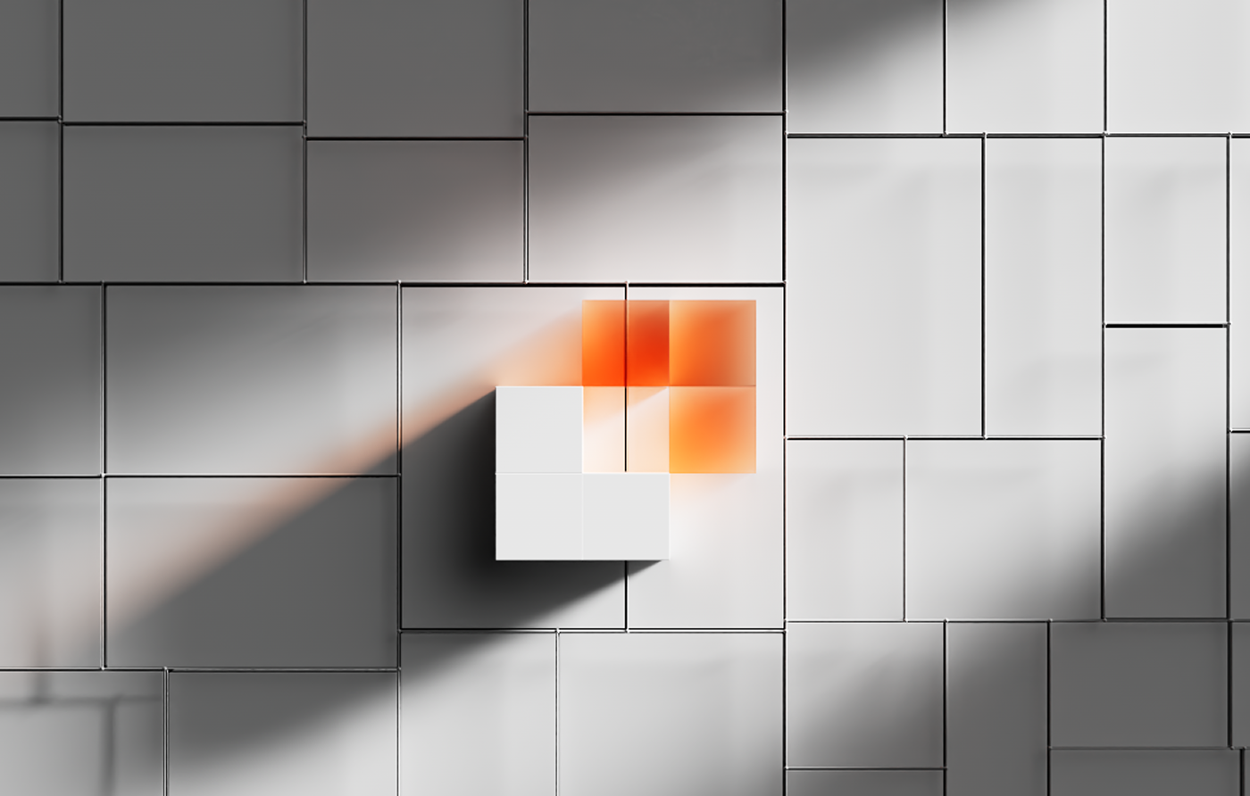 Colorful geometric shapes including circles, hexagons, and squares arranged in spiraling patterns on a light background.