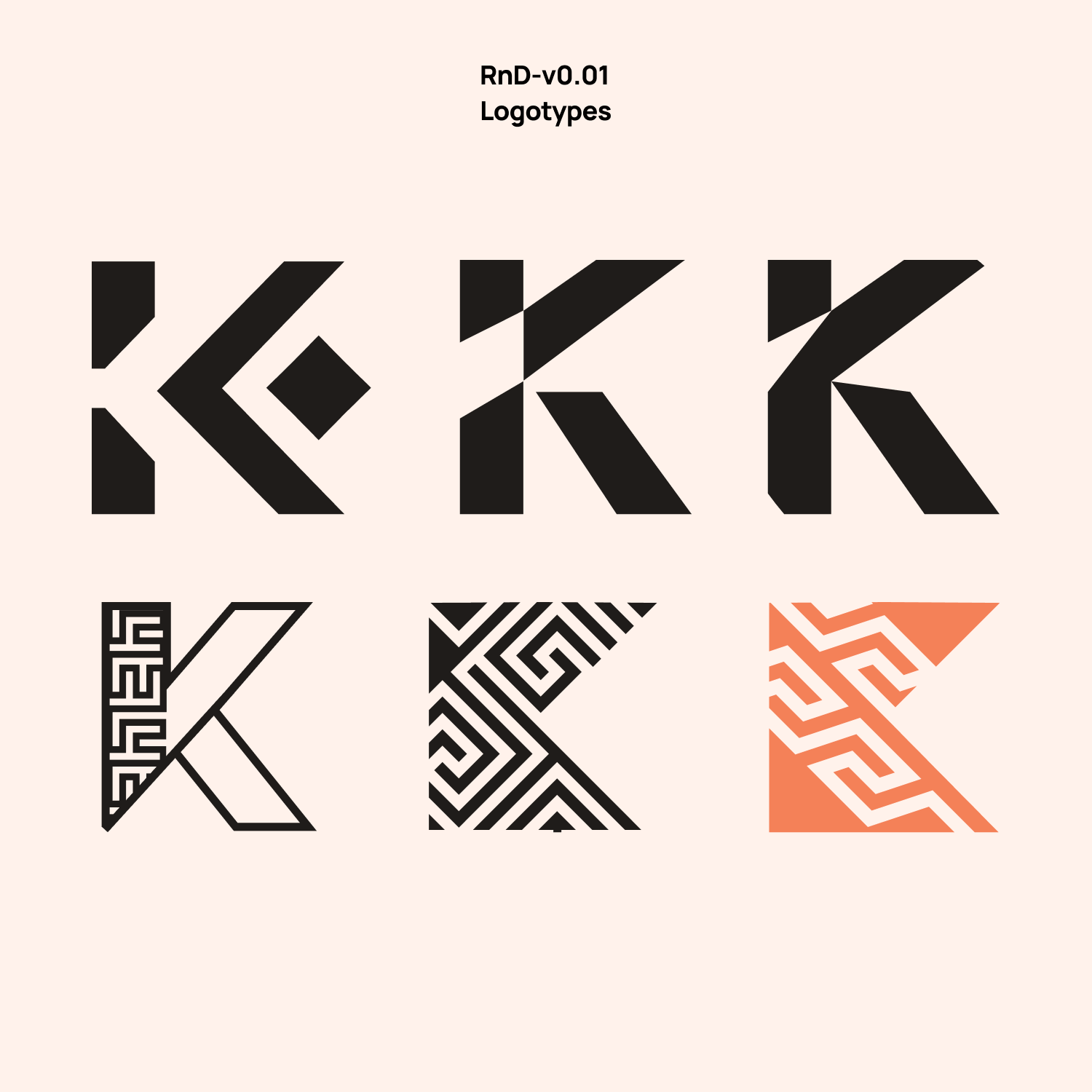 Grid of six stylized letter K logos with geometric shapes and patterns in black and orange on a light background.