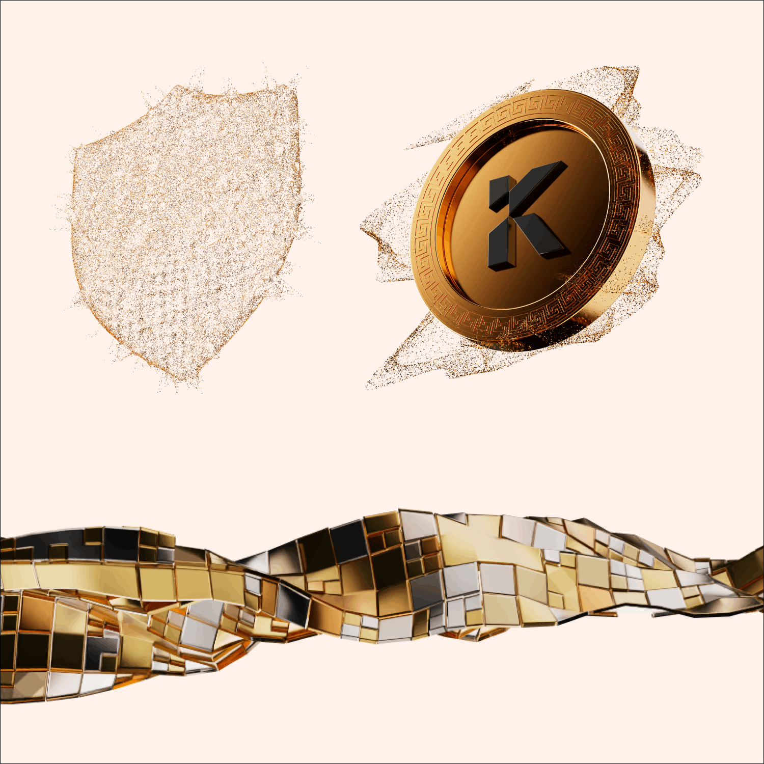 Golden coin with a black letter K and decorative border beside a pixelated gold shield and a wavy mosaic ribbon in gold, silver, and black on a light background.