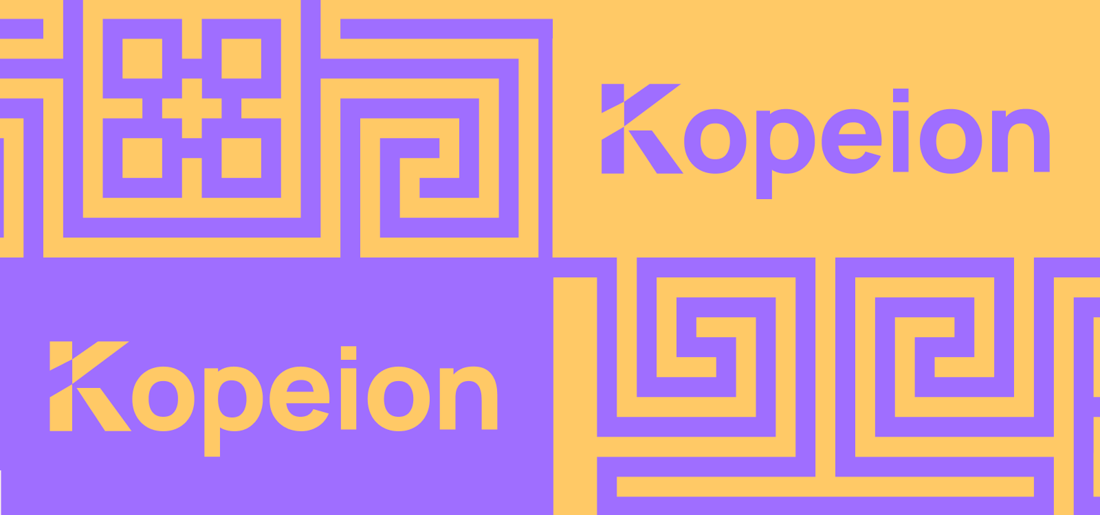 Two variations of the Kopeion logo with stylized 'K' and Greek-inspired geometric patterns in lavender and peach colors.