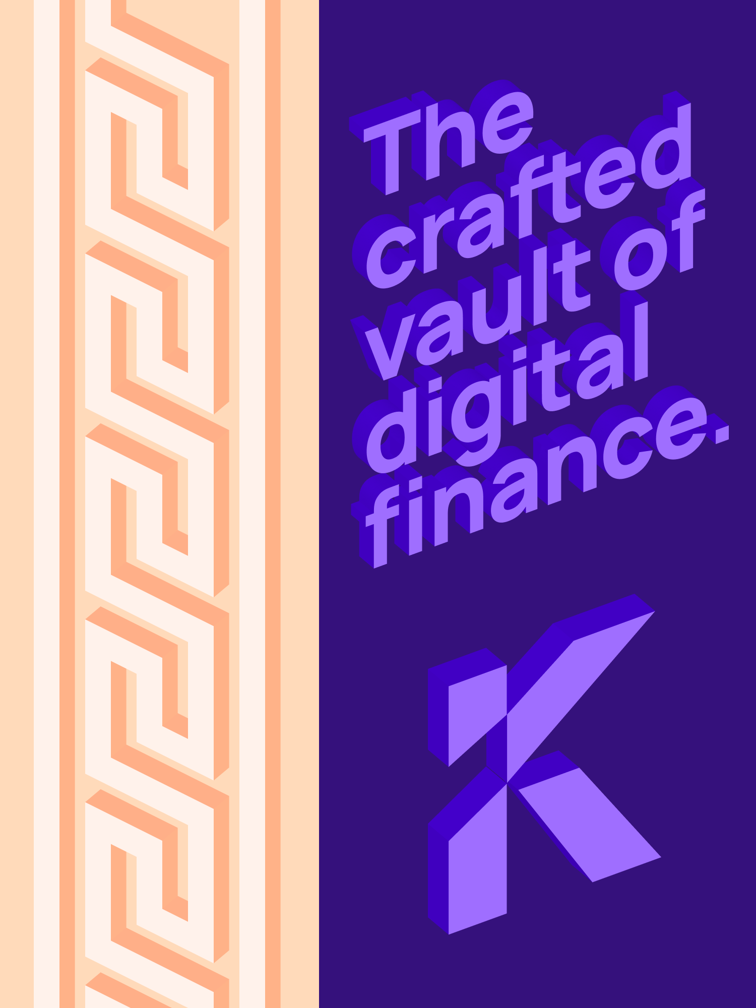 Purple 3D text saying 'The crafted vault of digital finance' with a stylized 3D letter K on a dark blue background and a beige patterned border on the left.