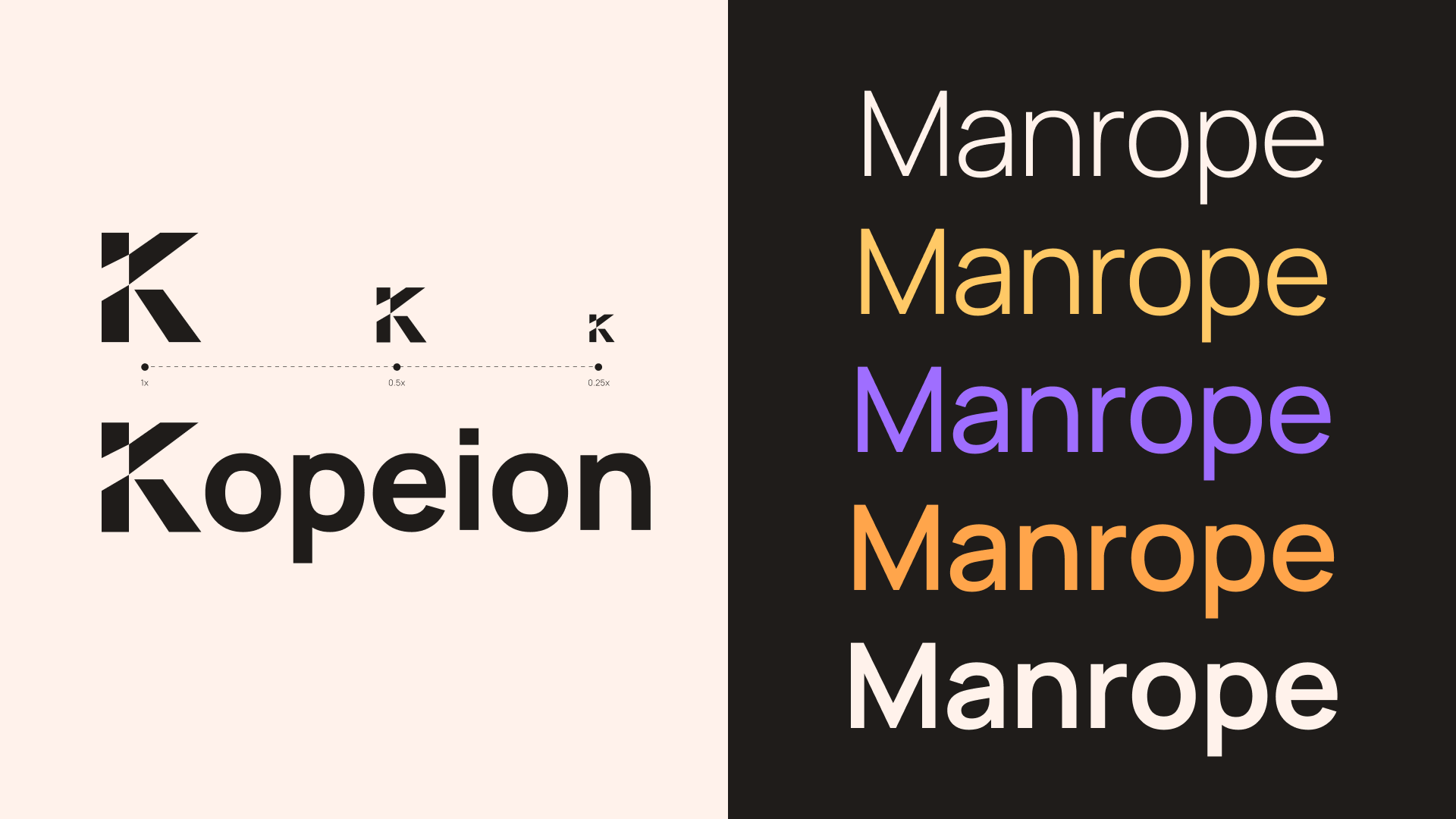 Left side shows the logo 'Kopeion' with three scaled versions of its letter K above it; right side displays five lines of the word 'Manrope' in varying font weights on a black background.