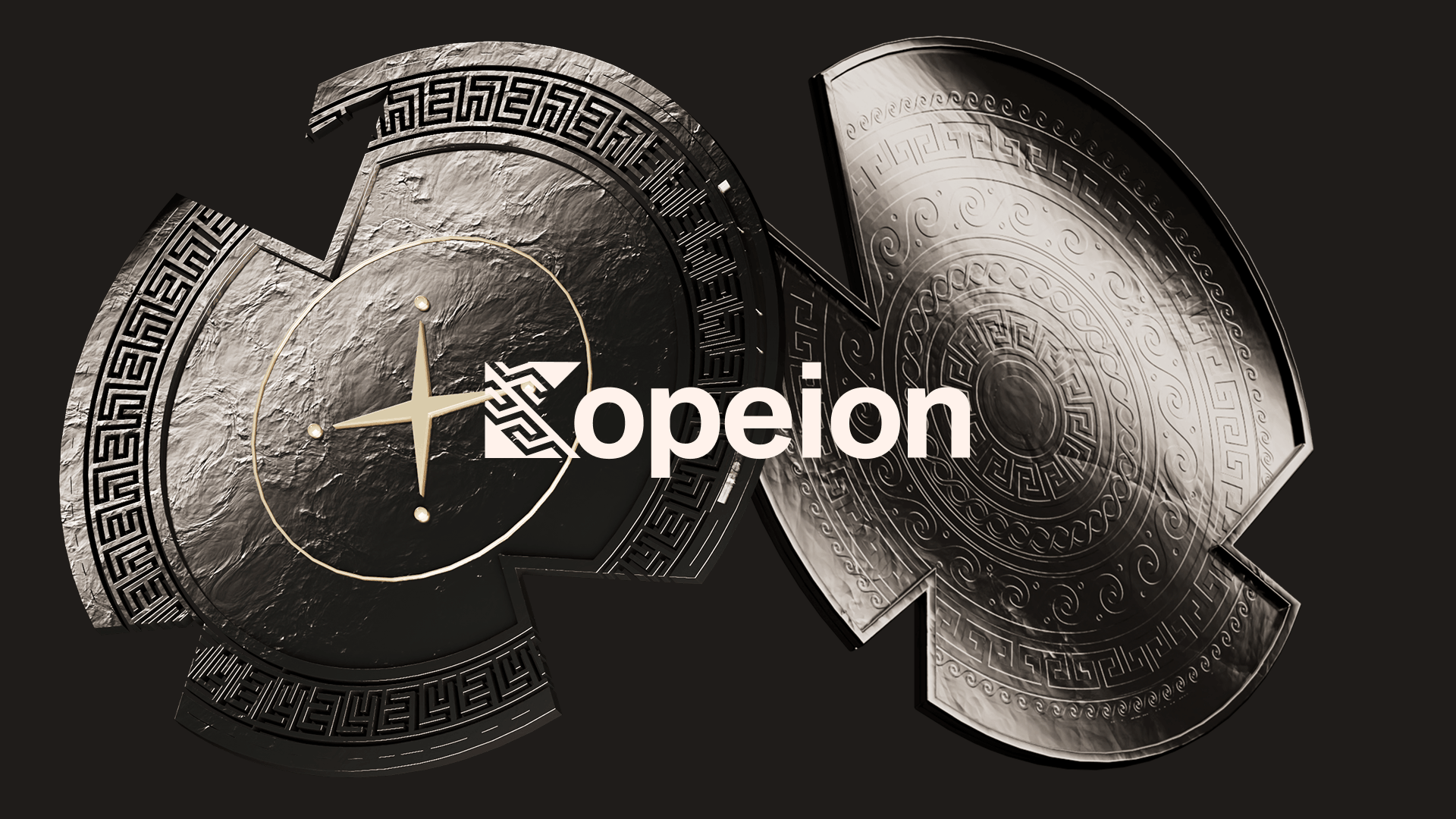 Two ancient-style metallic circular shields with Greek key patterns and ornate designs, featuring a cross-like element on the left shield, with the text 'opeion' overlayed in the center.