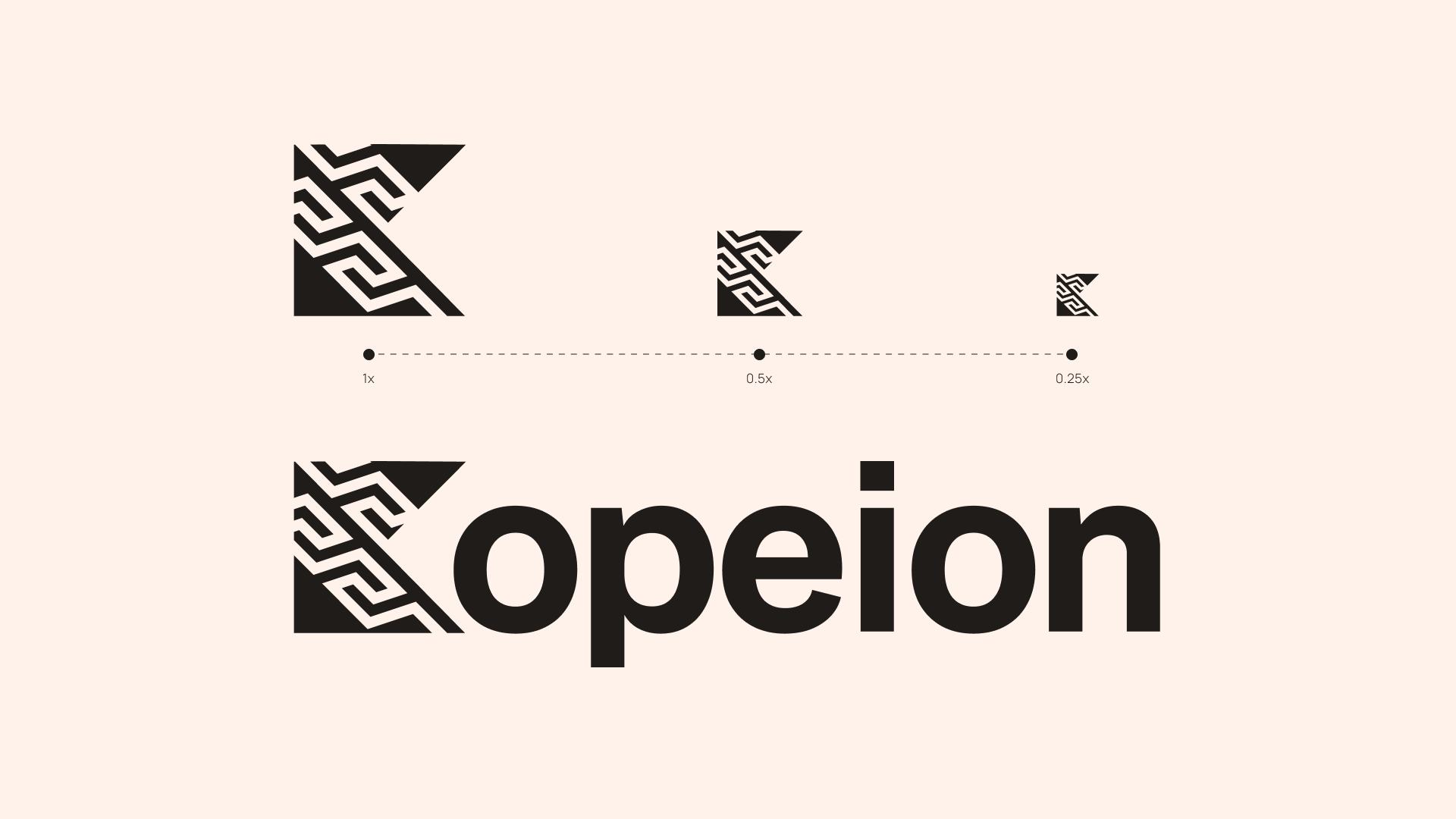 Logo with a stylized geometric letter K design shown in three sizes above the text 'opeion'.