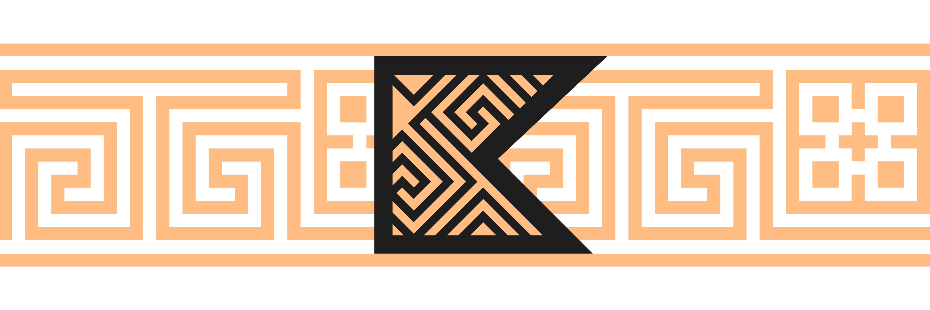 Abstract geometric pattern with black and peach interlocking Greek key and diamond shapes.