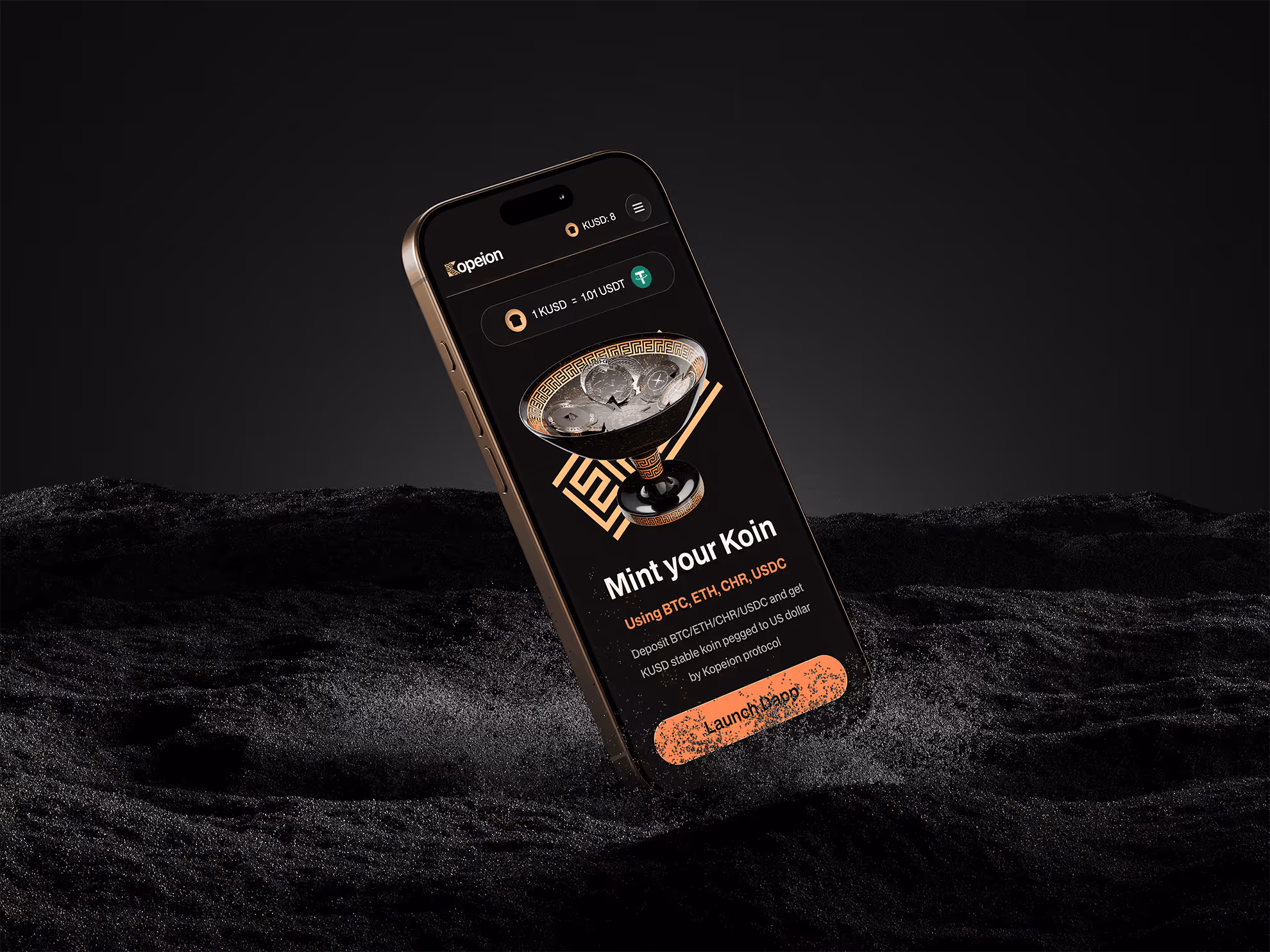 Smartphone displaying Koin minting app interface with a black and gold coin bowl graphic and options for BTC, ETH, CHR, USDC deposits.