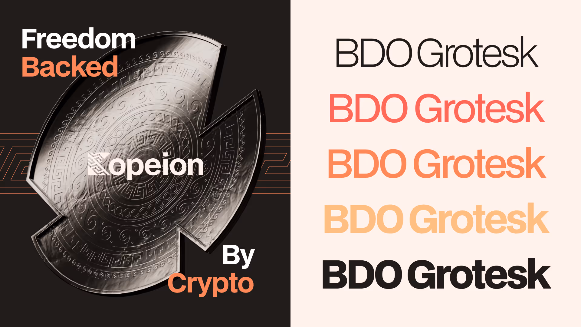 Left side shows a detailed ancient shield with text 'Freedom Backed By Crypto' and 'Kopeion' logo; right side displays 'BDO Grotesk' font in five color styles from thin black to bold black.