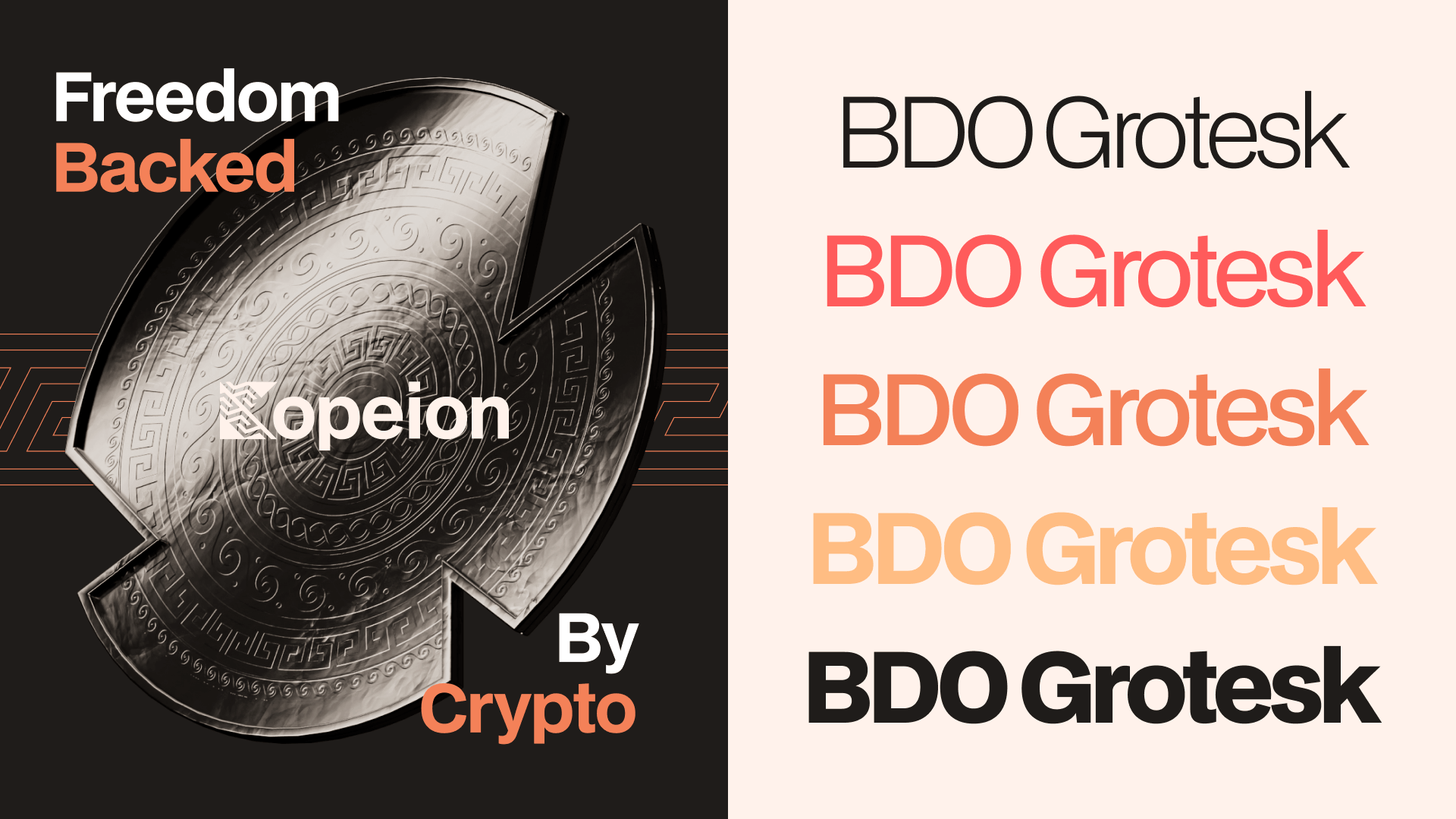 Left side shows a detailed ancient shield with text 'Freedom Backed By Crypto' and 'Kopeion' logo; right side displays 'BDO Grotesk' font in five color styles from thin black to bold black.