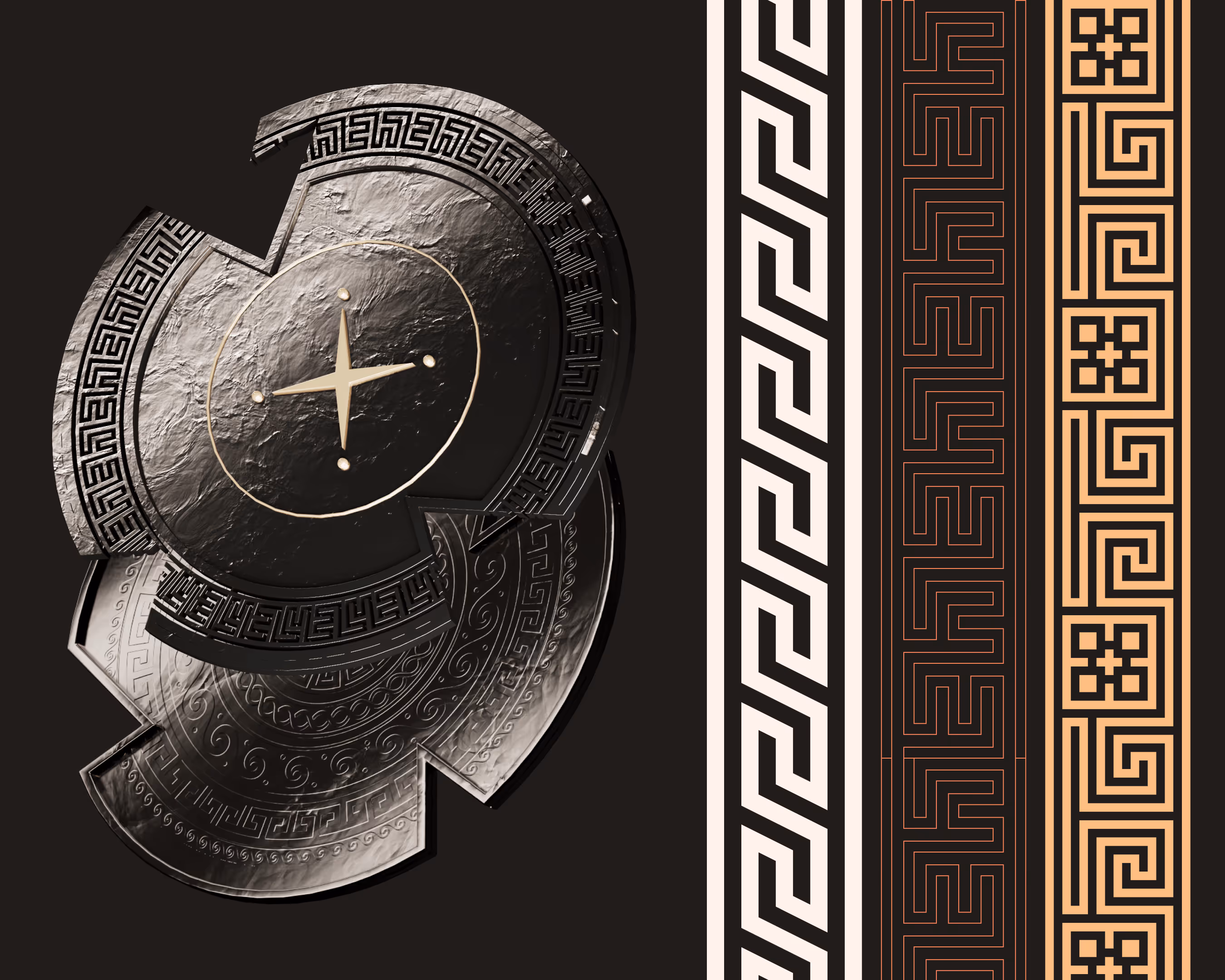 Темна абстрактна кругла форма з різьбленими геометричними візерунками ліворуч і три вертикальні смуги з різними грецькими орнаментами праворуч.