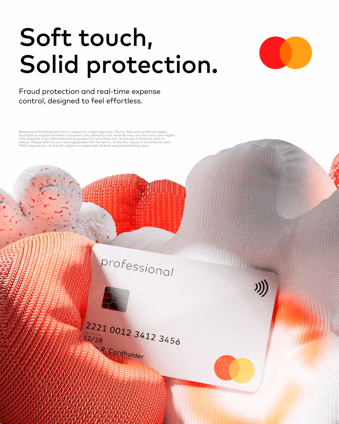 White Mastercard Professional card held by pillows covered in soft, colorful knit fabric, emphasizing protection and ease.