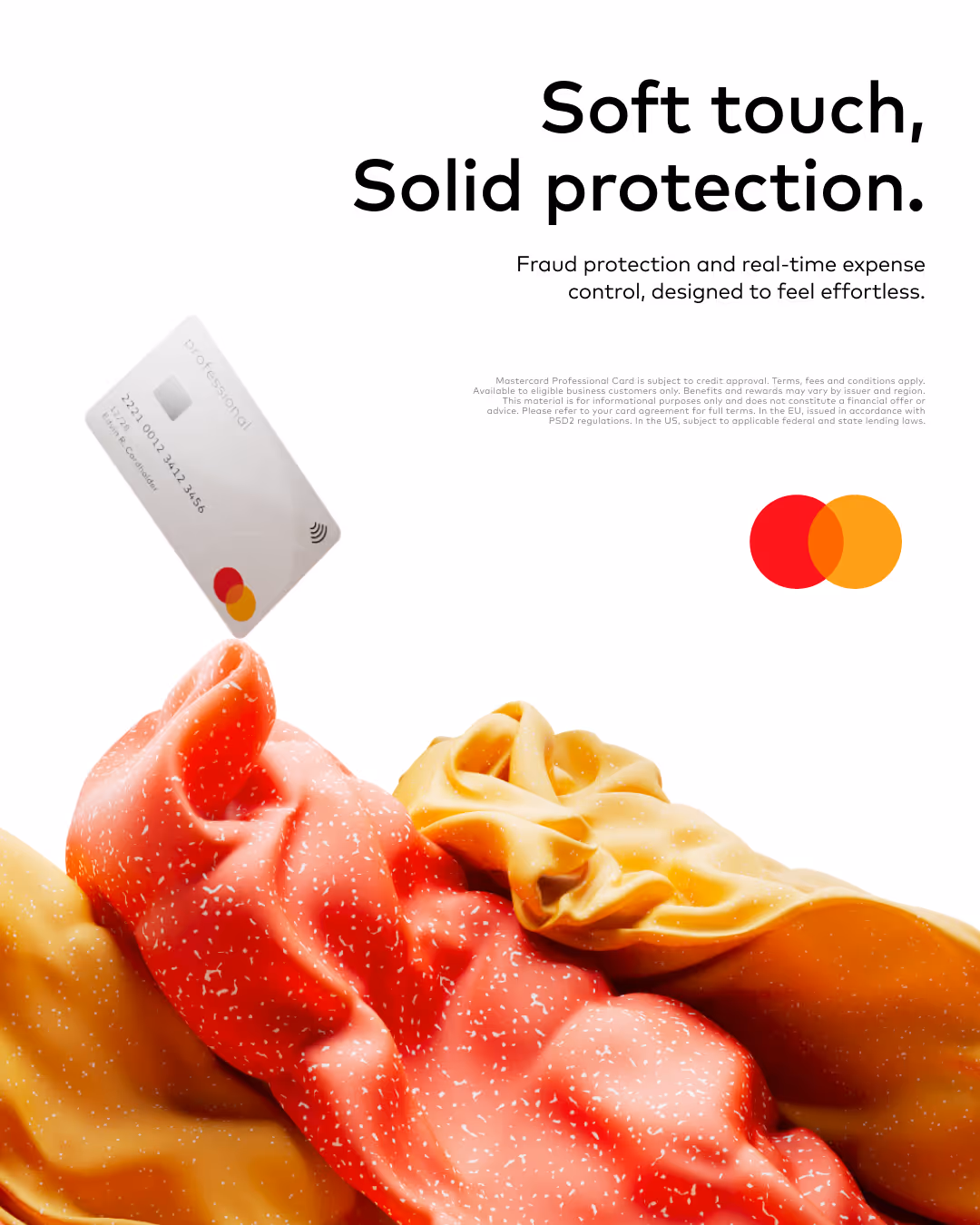 Mastercard Professional card above soft, crumpled red and yellow fabric with text about fraud protection and real-time expense control.