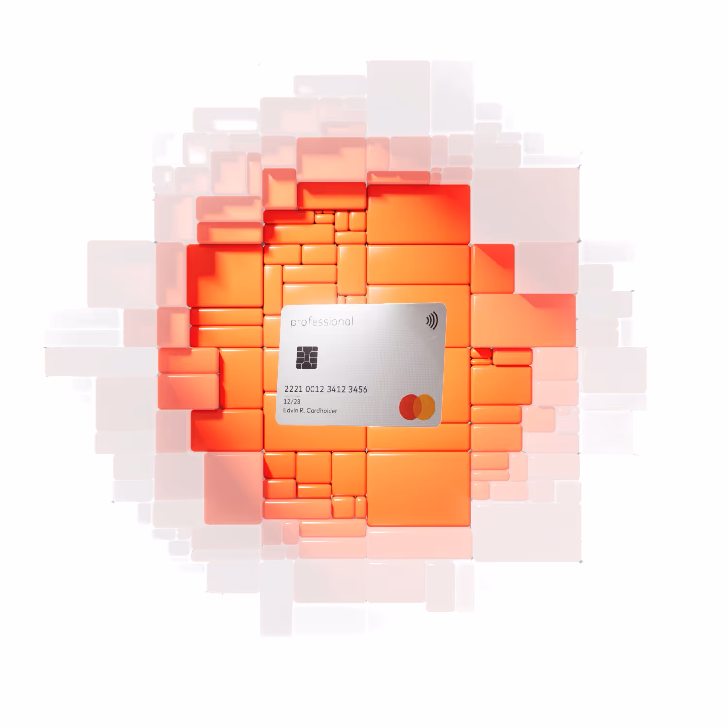 Silver professional Mastercard credit card with chip and contactless symbol on abstract orange and white cube background.