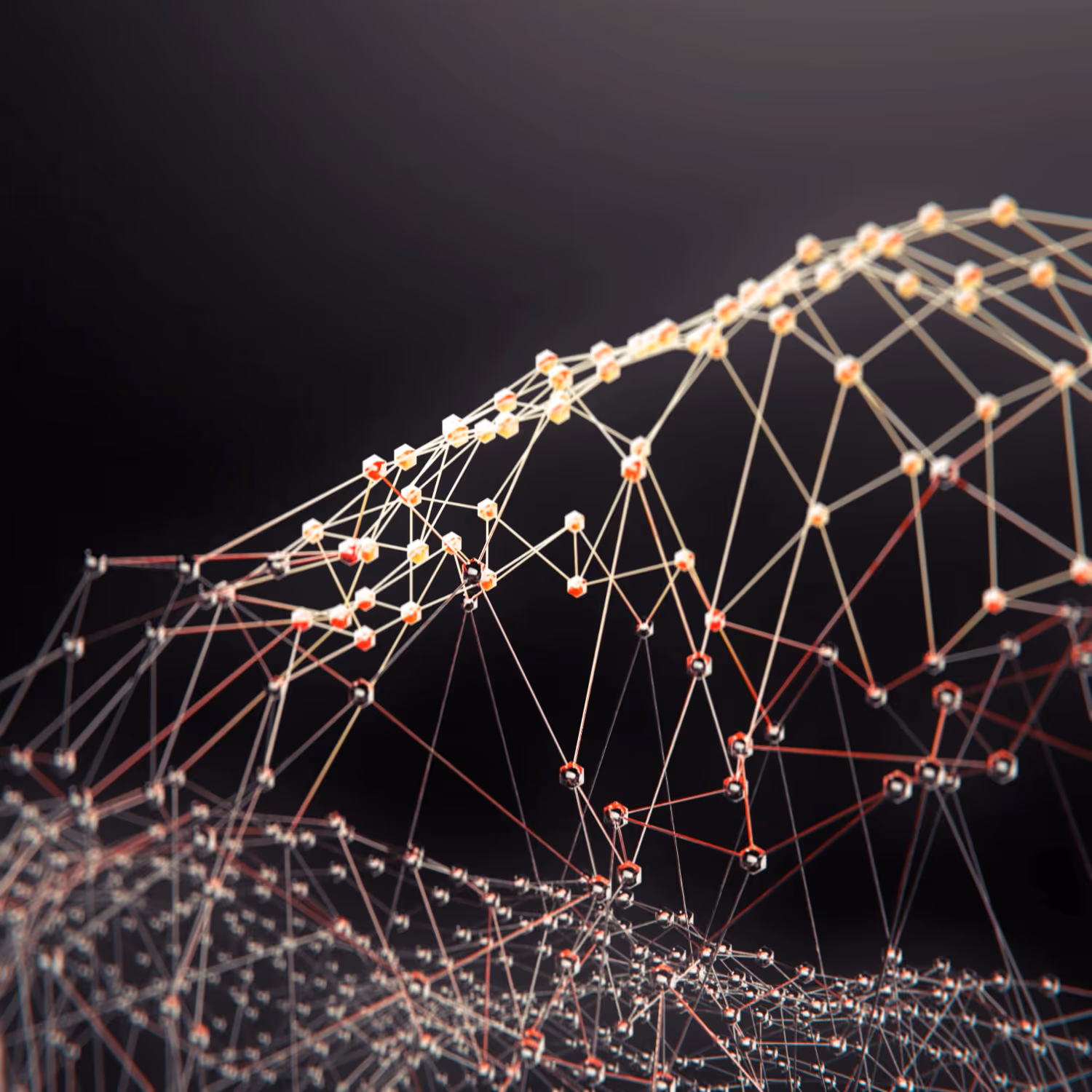 Abstract 3D network of interconnected glowing nodes and lines on a dark background.