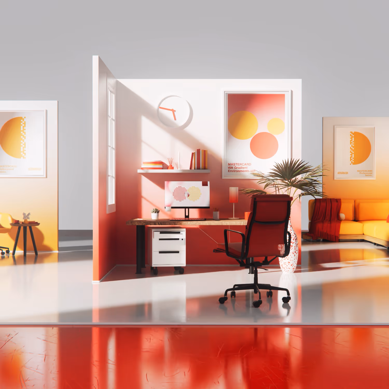 Modern office workspace with a desk, computer, red chair, potted plant, and orange-yellow themed wall art and sofa.