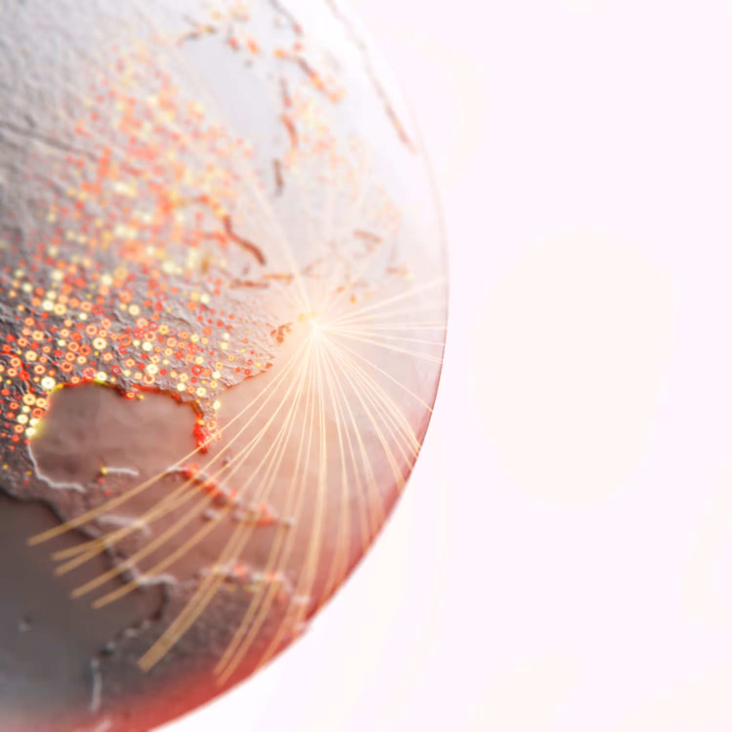Glowing digital globe highlighting North America with lighted data points and connecting lines radiating from a central point.