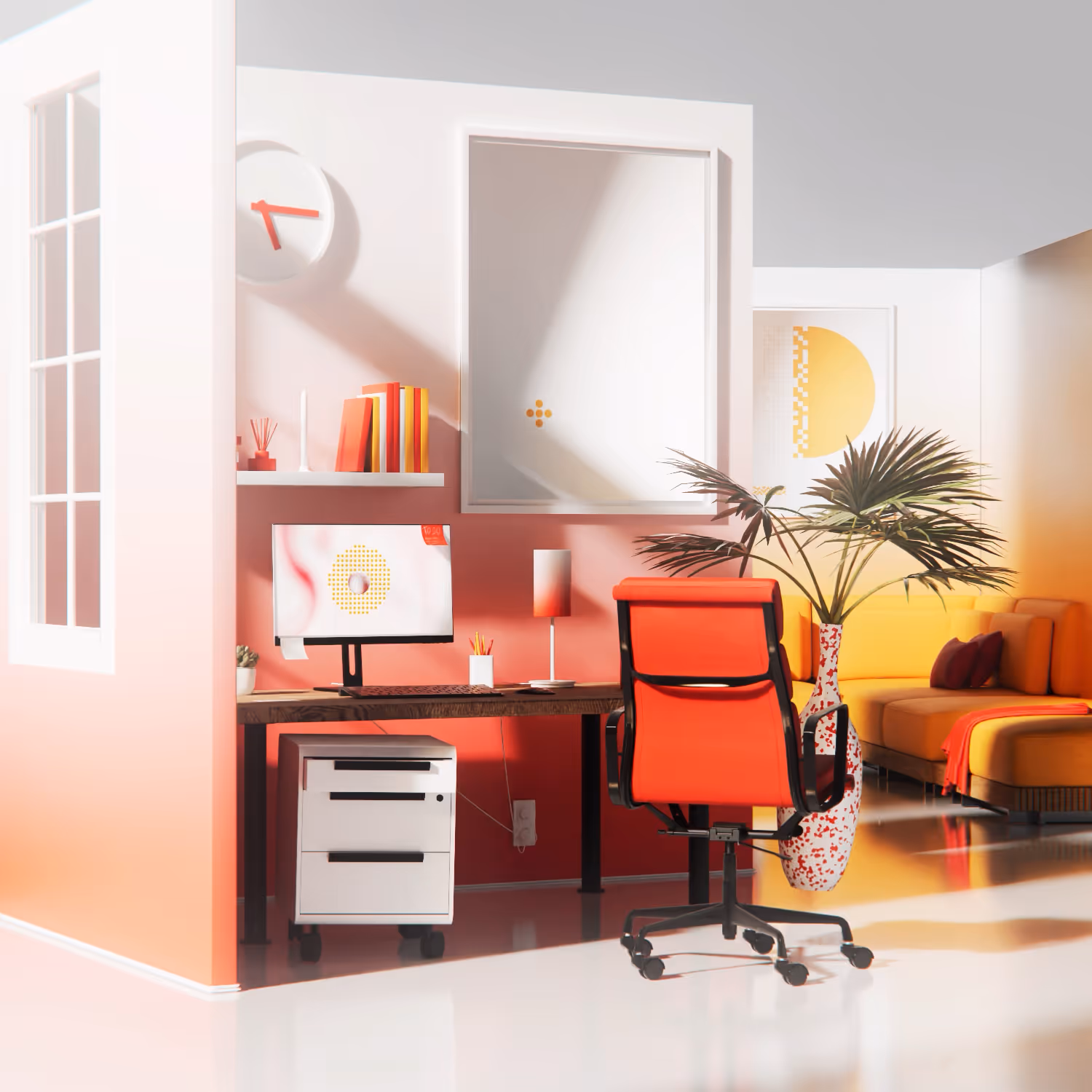 Modern home office with a red swivel chair, wooden desk, computer, indoor plant in decorative vase, and adjacent yellow couch in living area.