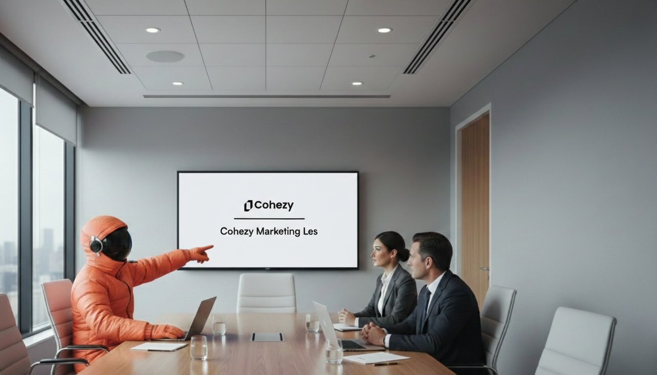 Person in orange astronaut suit pointing at a screen during a business meeting with two professionals in a modern conference room.