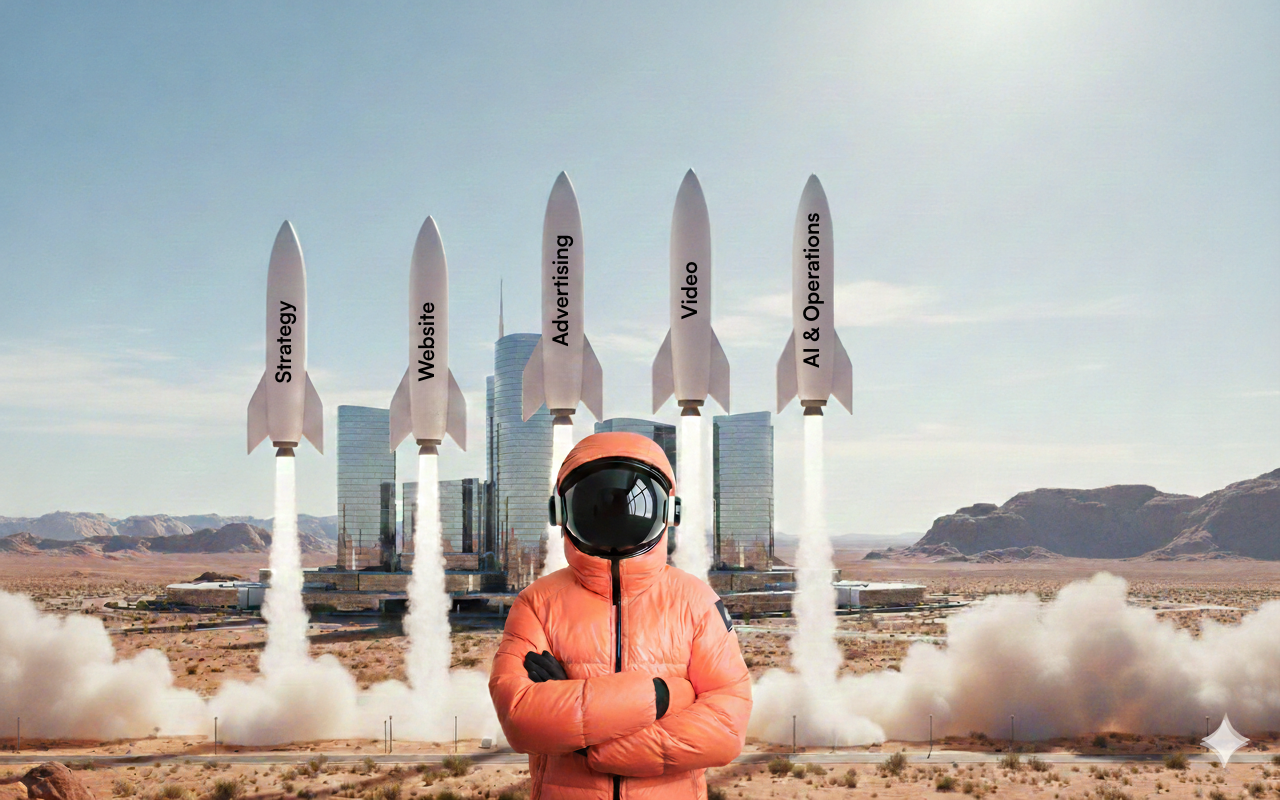 Person in orange astronaut suit standing with arms crossed in front of five rockets labeled Strategy, Website, Advertising, Video, and AI & Operations launching from a desert area with modern buildings in the background.
