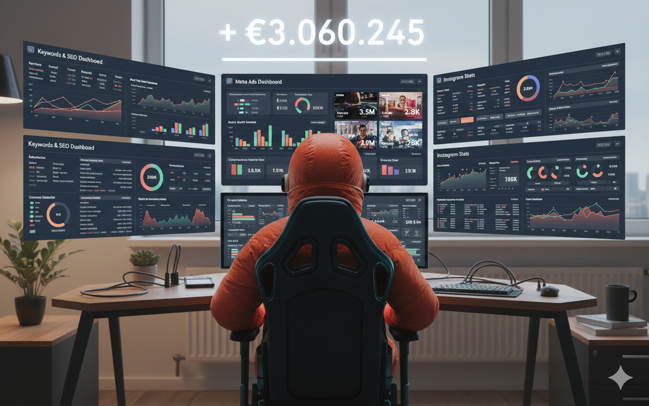 Person in an orange jacket and headphones sitting at a desk with multiple monitors displaying various marketing and social media analytics dashboards in a modern office.