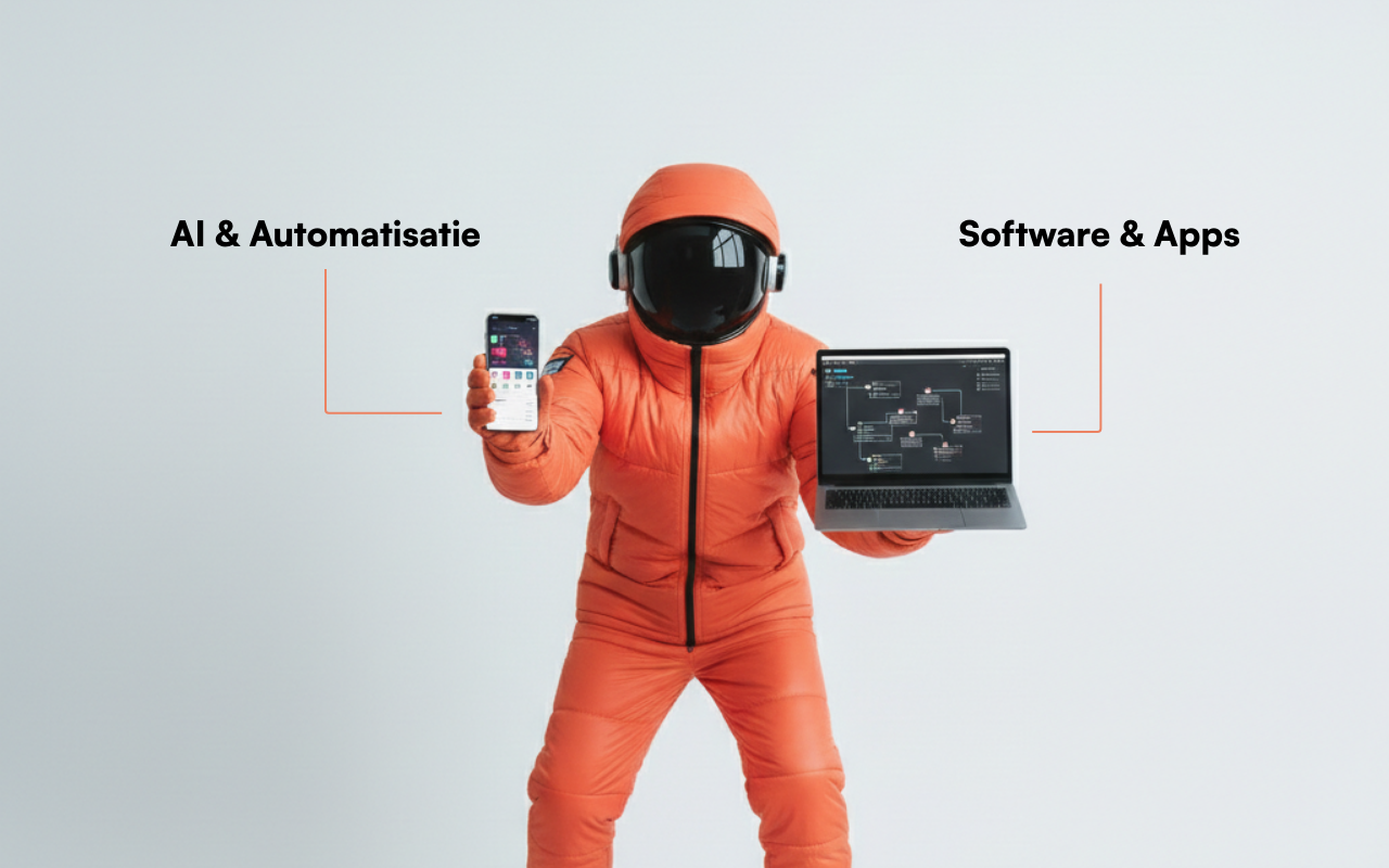 Person in orange astronaut suit holding a smartphone in the left hand labeled 'AI & Automatisatie' and a laptop with flowchart on screen in the right hand labeled 'Software & Apps'.