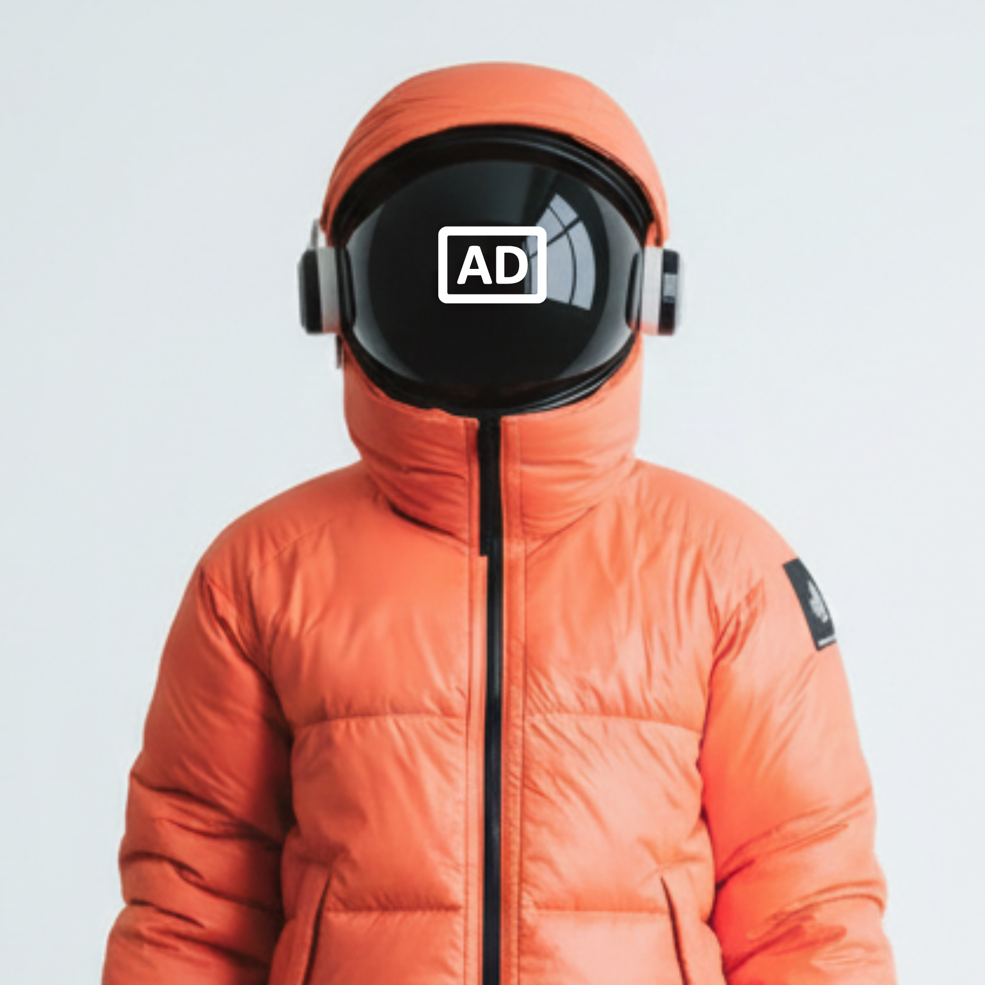 Person wearing an orange puffer jacket with a black reflective helmet covering their face.