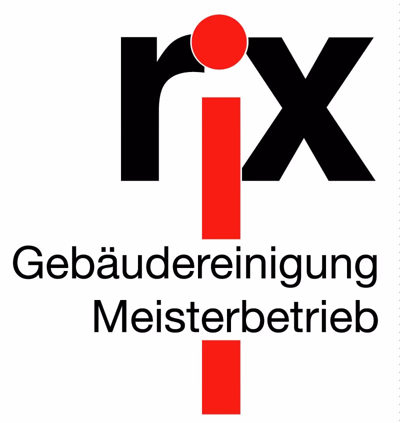 Logo mit dem Text 'rix Gebäudereinigung Meisterbetrieb' in Schwarz und Rot.