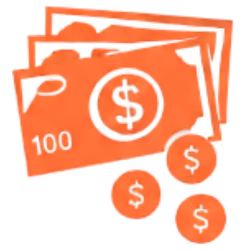 Three orange stylized dollar bills and three coins with dollar signs stacked.