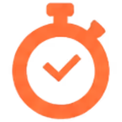 Orange stopwatch icon with a check mark inside on a transparent background.