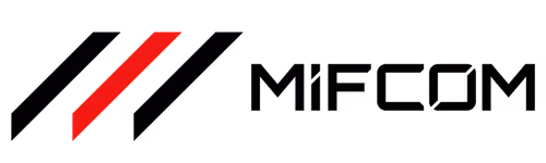 MIFCOM logo with three diagonal bars, the middle bar is red and the others are black.