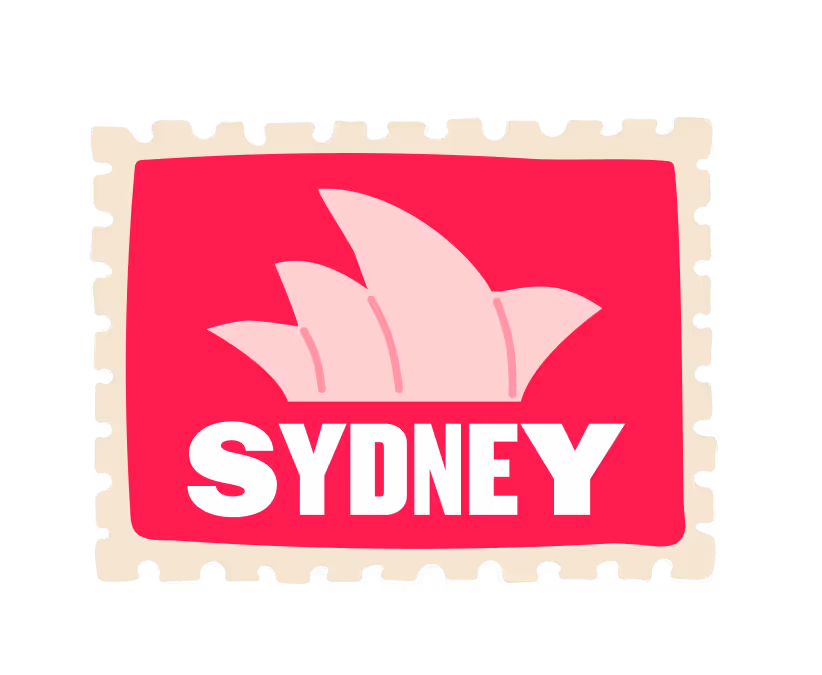Graphic of a red postage stamp featuring a pink stylized Sydney Opera House with the word 'SYDNEY' in bold white letters below.