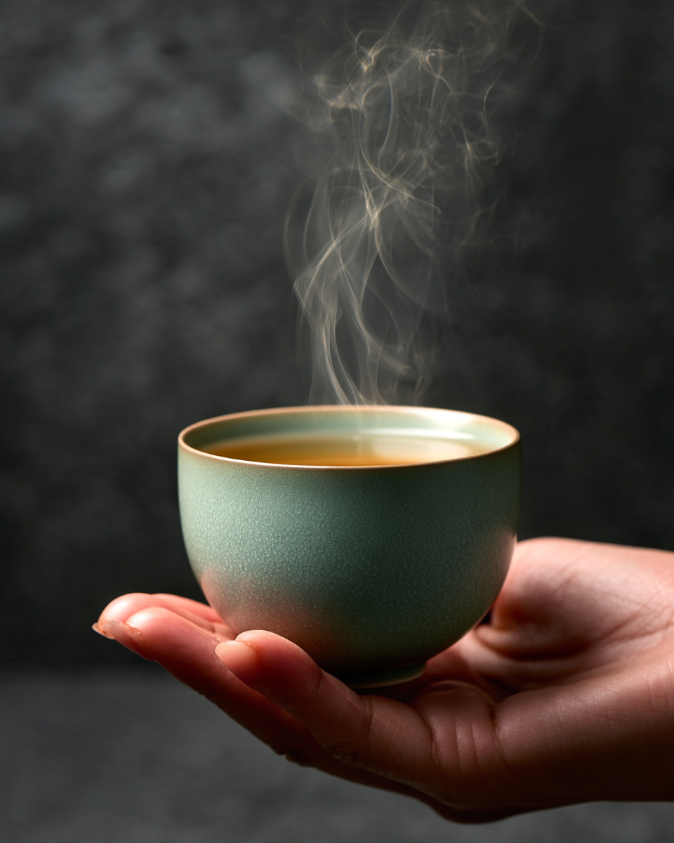 Blue Fir tea cup in use, held in hand with steam rising