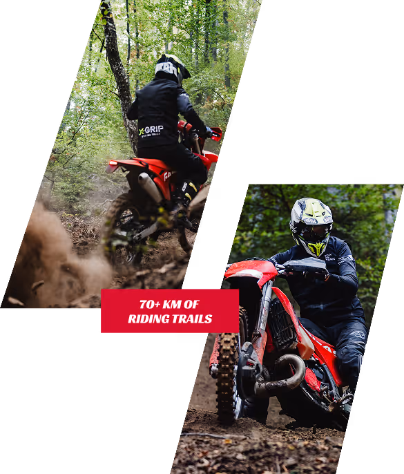 Two photos of a motocross rider on a red enduro bike navigating forest trails with text overlay '70+ KM OF RIDING TRAILS'.