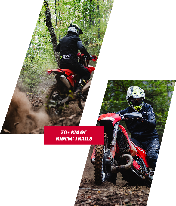Two photos of a motocross rider on a red enduro bike navigating forest trails with text overlay '70+ KM OF RIDING TRAILS'.