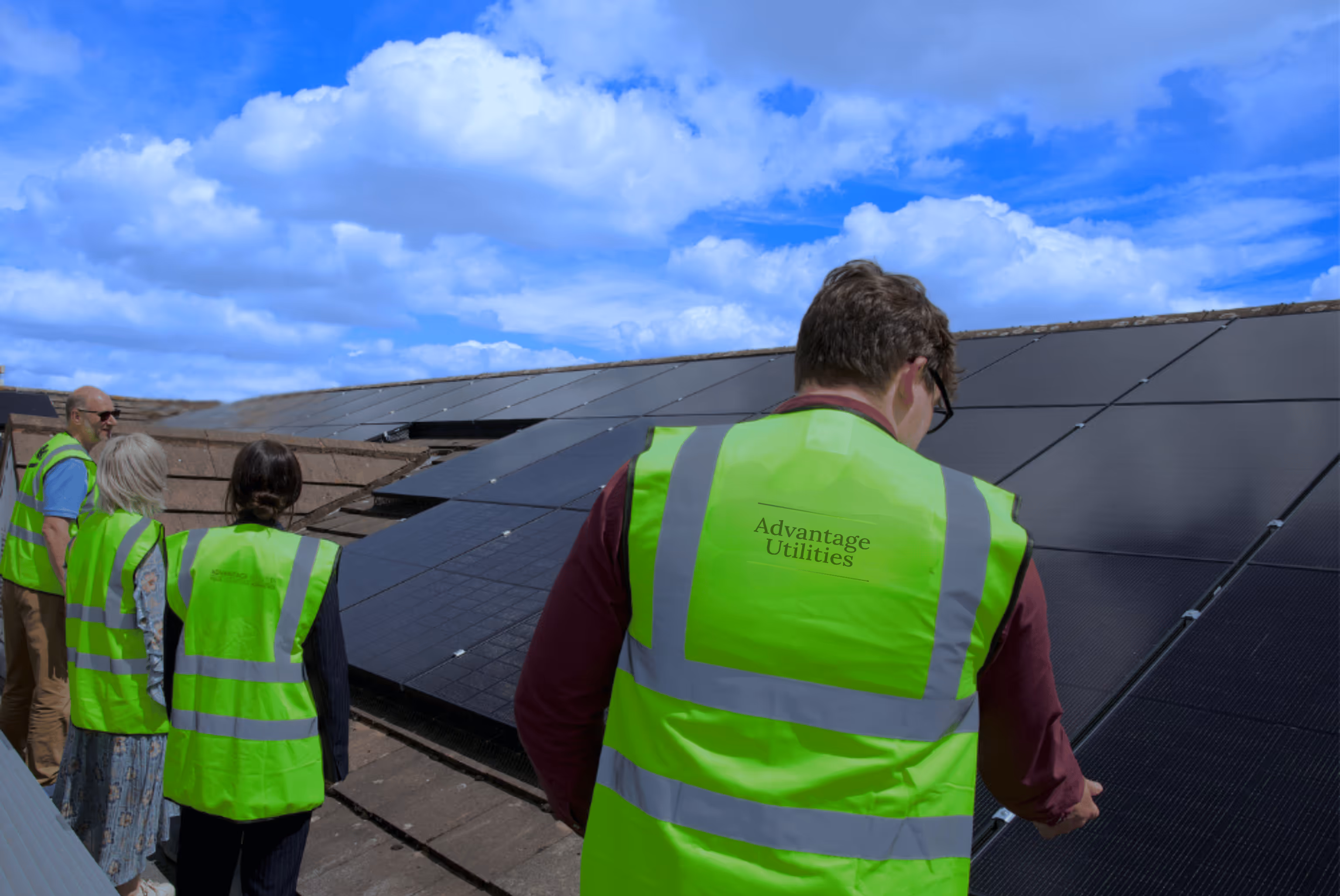 Four people wearing bright green safety vests inspecting solar panels on a rooftop under a partly cloudy blue sky.
