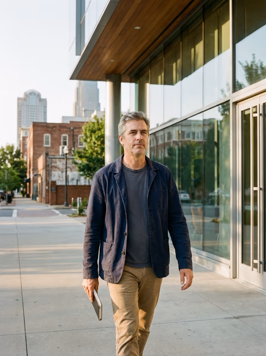 Middle-aged man in casual jacket walking on city sidewalk holding a tablet.