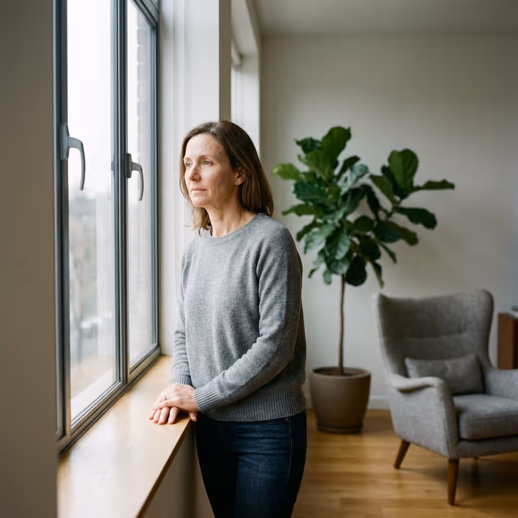 Woman in a gray sweater looking thoughtfully out a window in a bright, modern room with a potted plant and gray armchair.