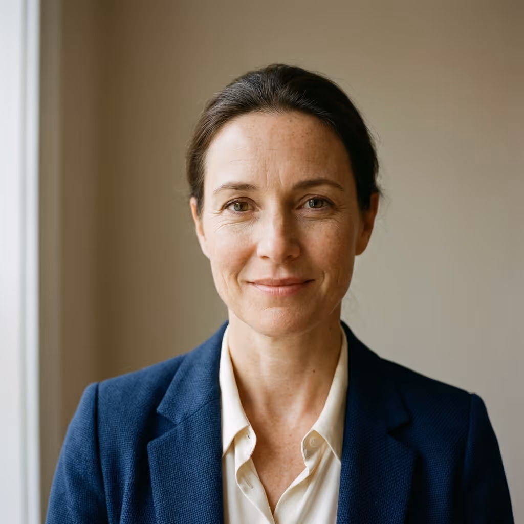 Portrait of a confident woman with dark hair pulled back, wearing a navy blazer and light shirt, smiling slightly against a neutral background.