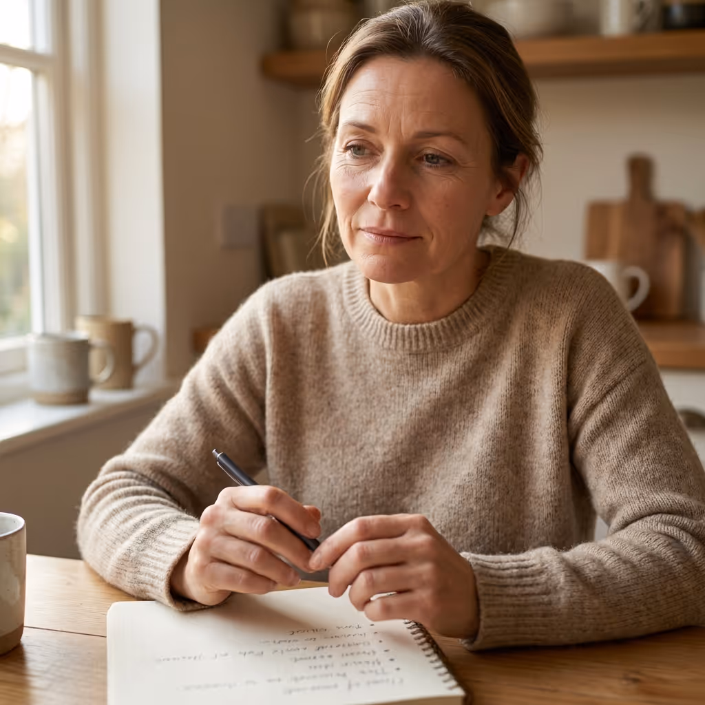 Thoughtful woman in a beige sweater sitting at a wooden table with a notebook and pen.