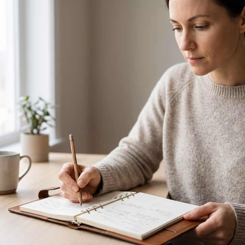 Woman in gray sweater writing in an open planner at a wooden table near a window with a potted plant and a coffee mug.
