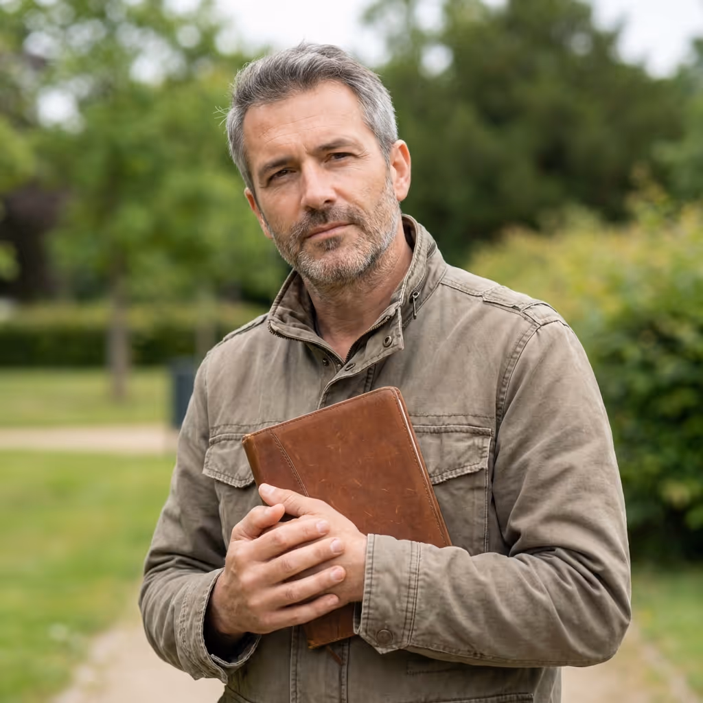 Middle-aged man with gray hair and beard wearing a brown jacket, holding a brown leather notebook outdoors.