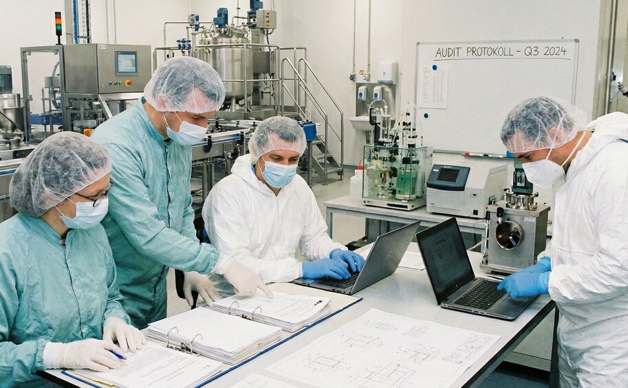 Vier Mitarbeiter in Schutzkleidung, Haarnetzen und Masken überprüfen Dokumente und arbeiten mit Laptops in einer Lebensmittelindustrie-Laborumgebung.