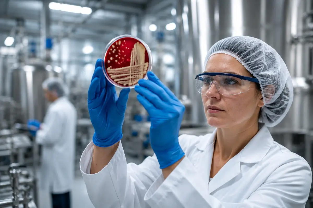 Scientist wearing protective clothing examines a blood culture dish with bacteria in a laboratory.